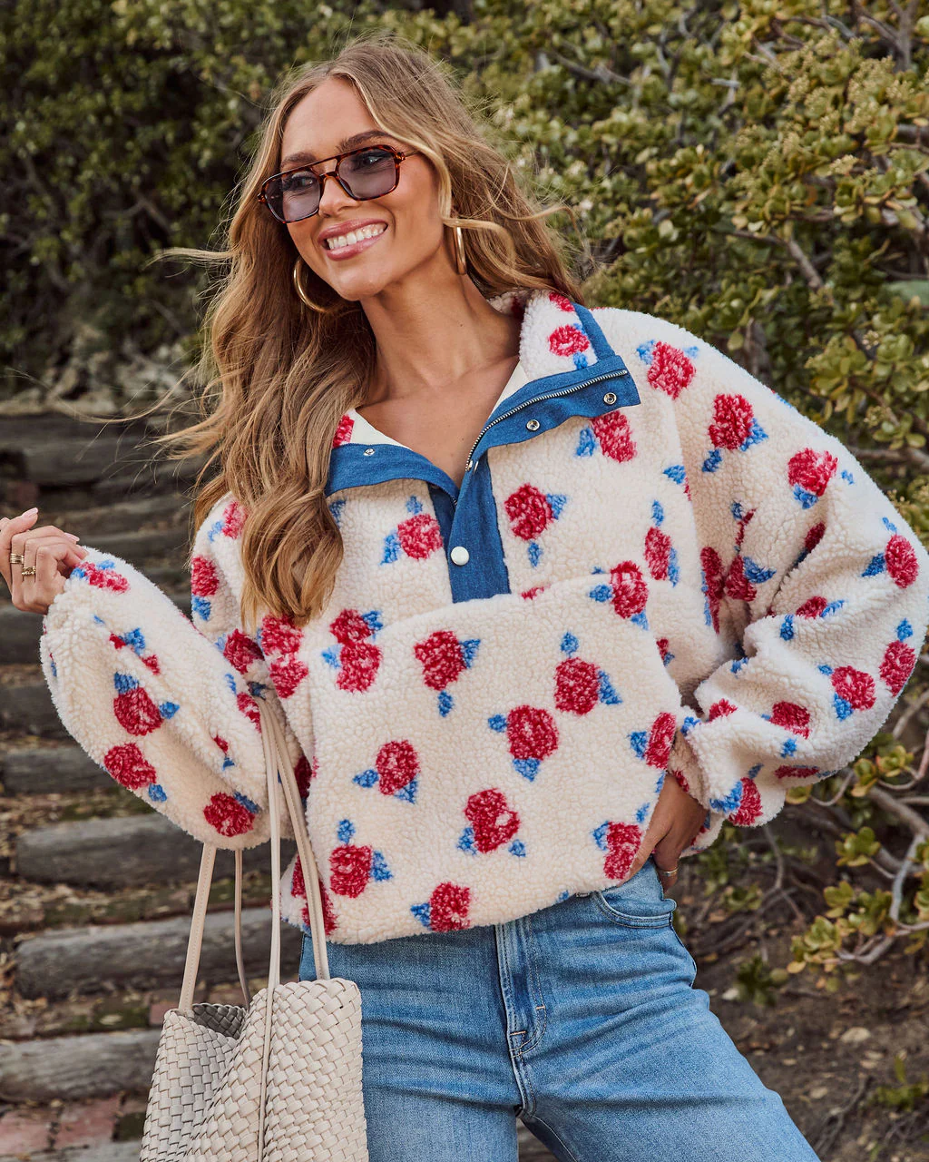 Adilia Printed Fleece Denim Trim Sweatshirt - Image 3