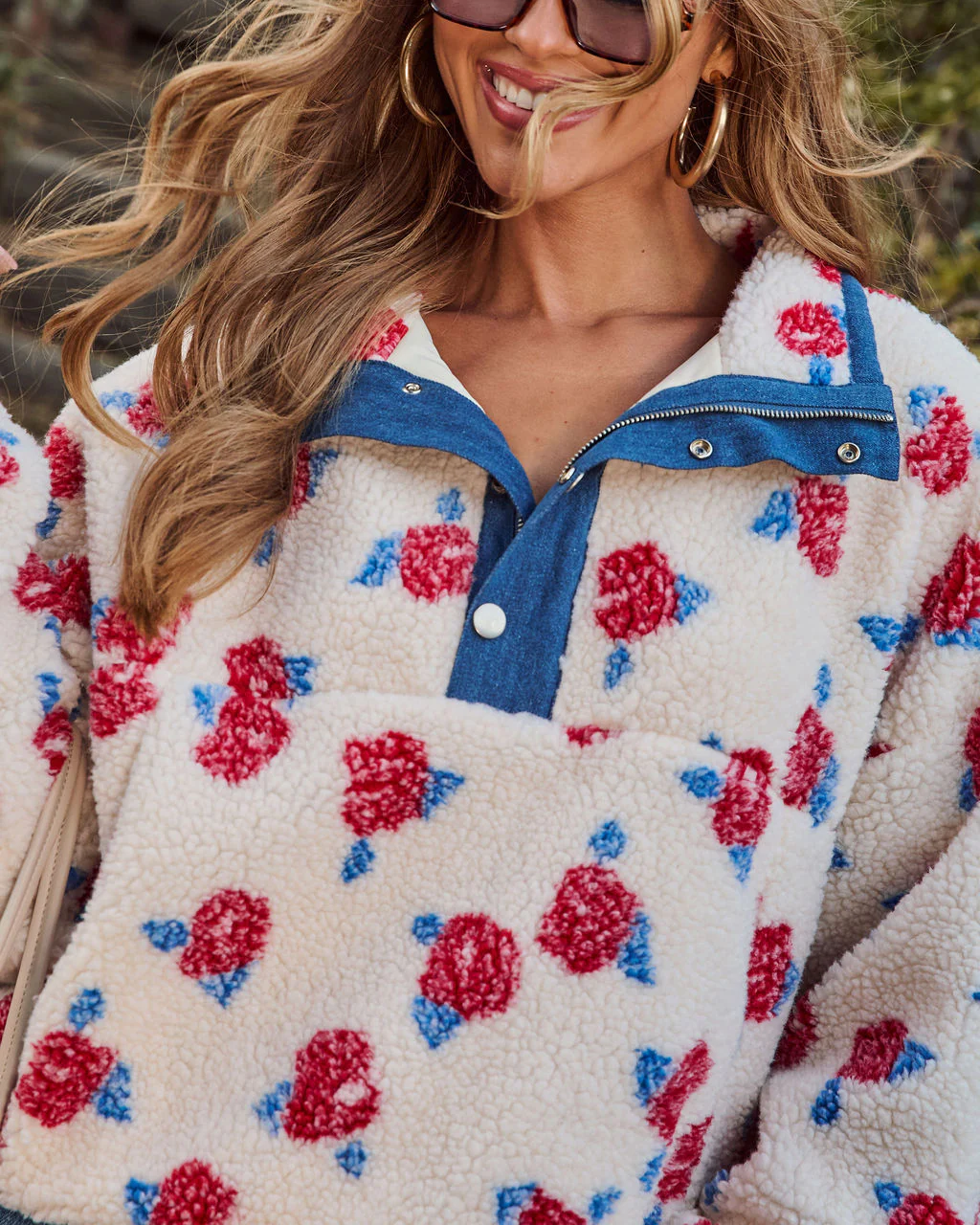 Adilia Printed Fleece Denim Trim Sweatshirt - Image 6