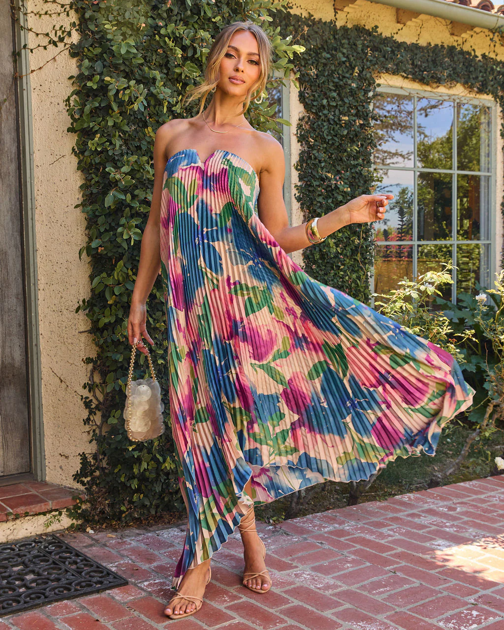 Adrenia Pleated Floral Print Satin Maxi Dress - Image 6