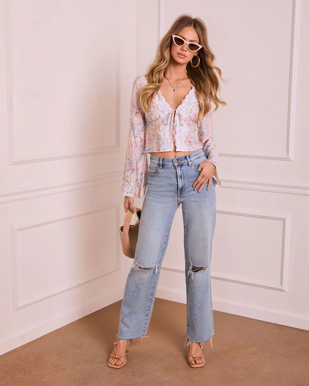 Airy Muse Floral Lace Trim Flyaway Top - Image 2