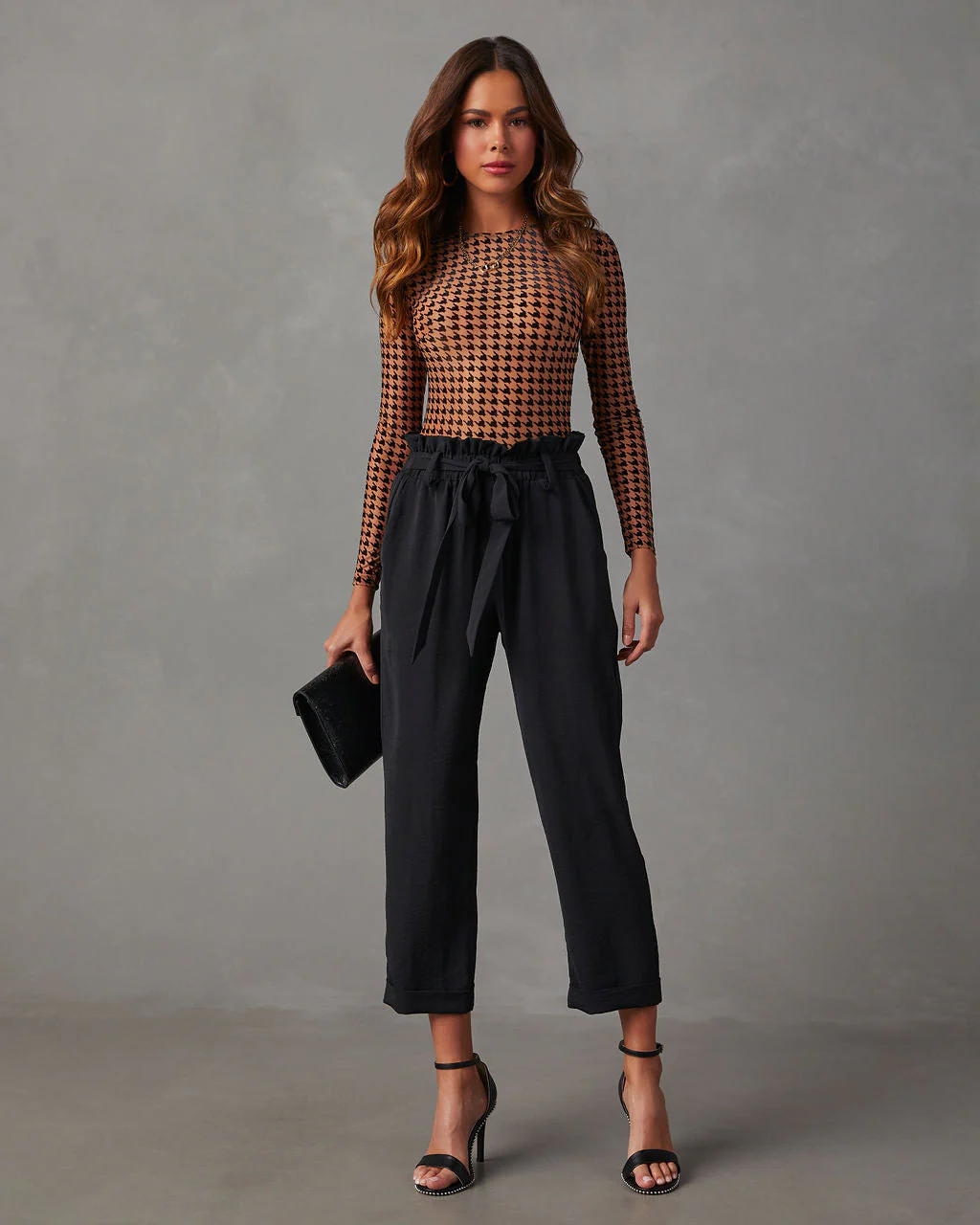 All The Craze Velvet Mesh Houndstooth Bodysuit - Image 2
