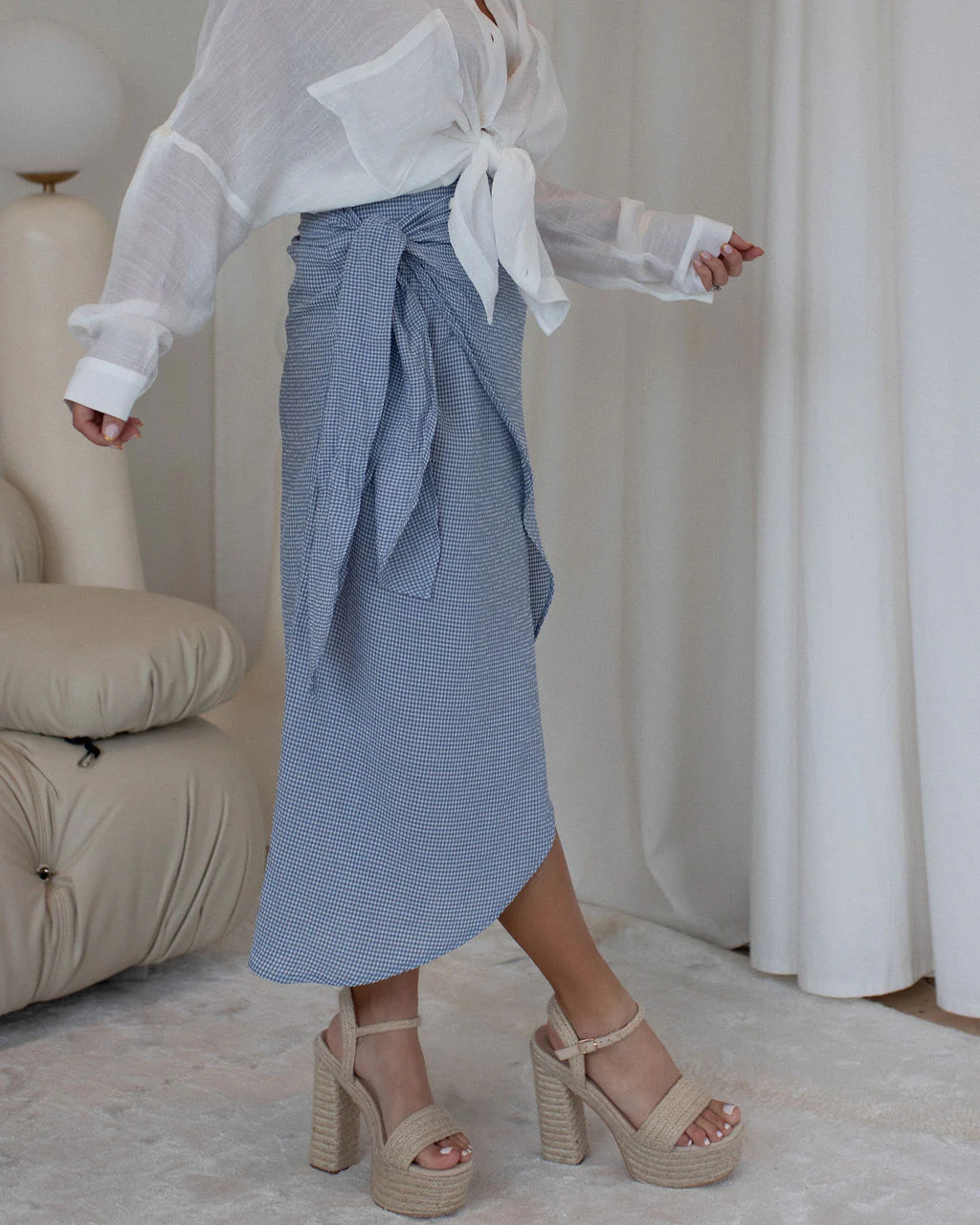 Amelie Gingham Side Tie Midi Skirt - Image 2