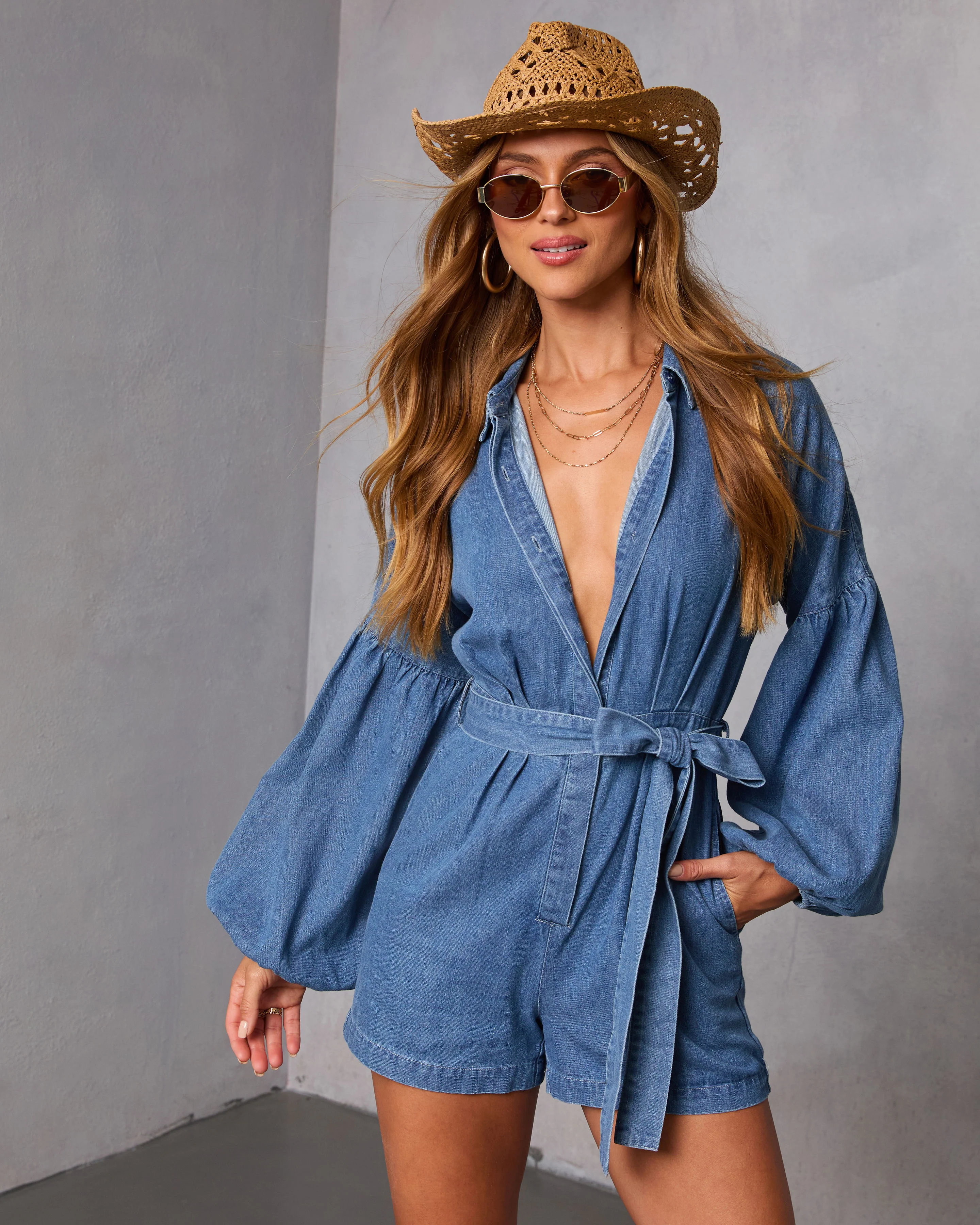 Apple Picking Denim Balloon Sleeve Romper - Image 11