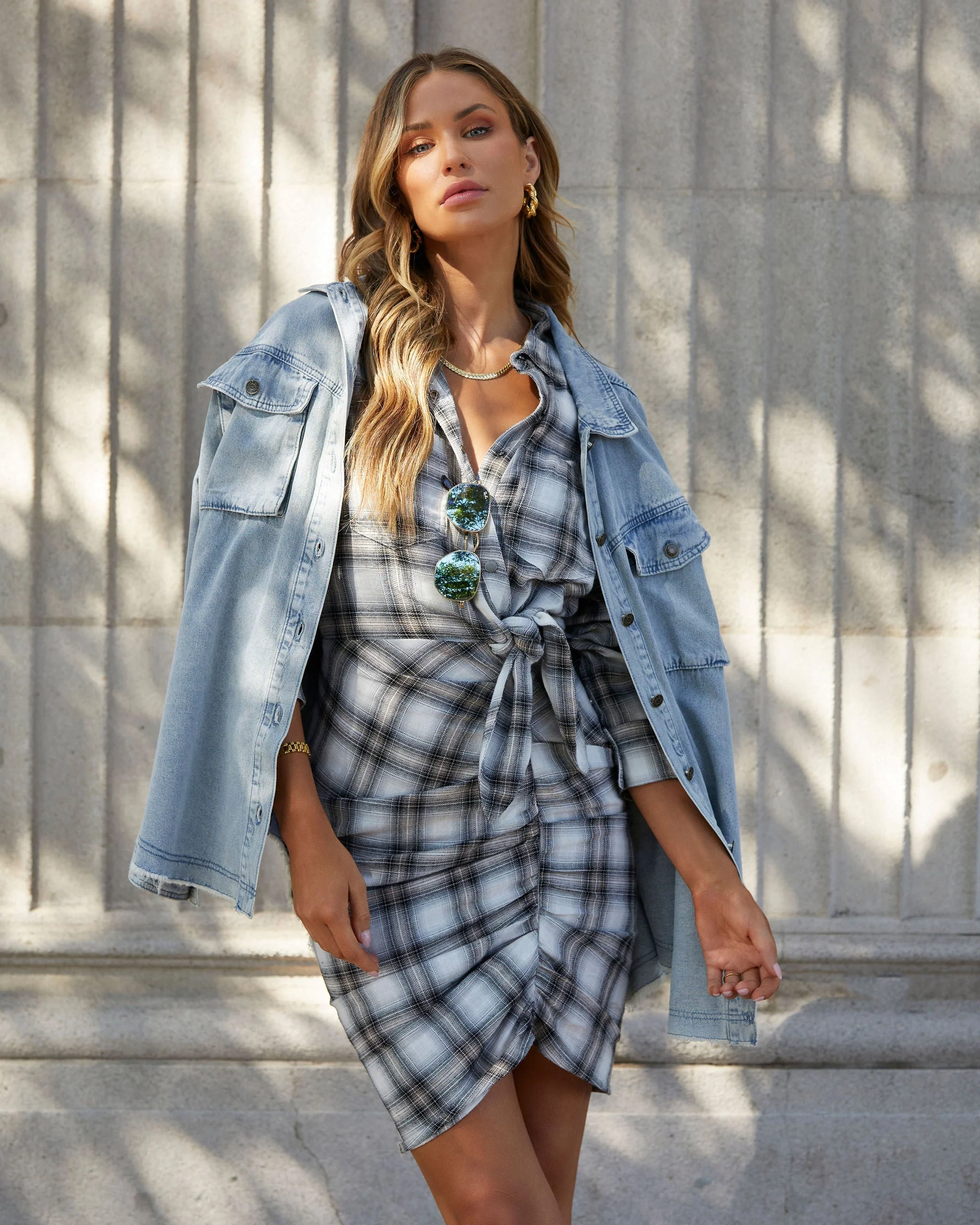 Archie Cotton Ruched Plaid Shirt Dress - Image 19