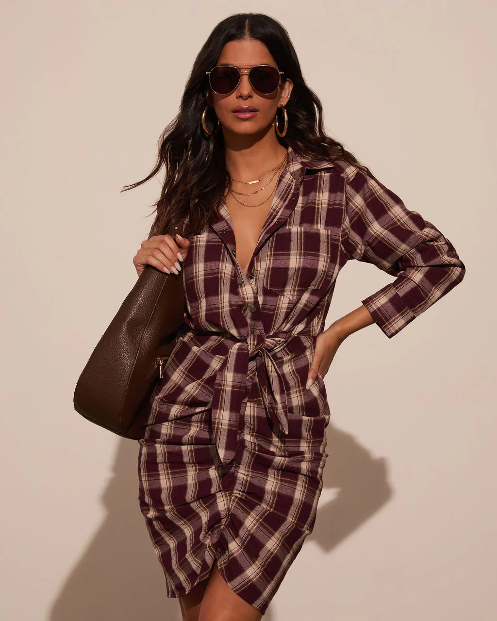 Archie Cotton Ruched Plaid Shirt Dress - Image 8
