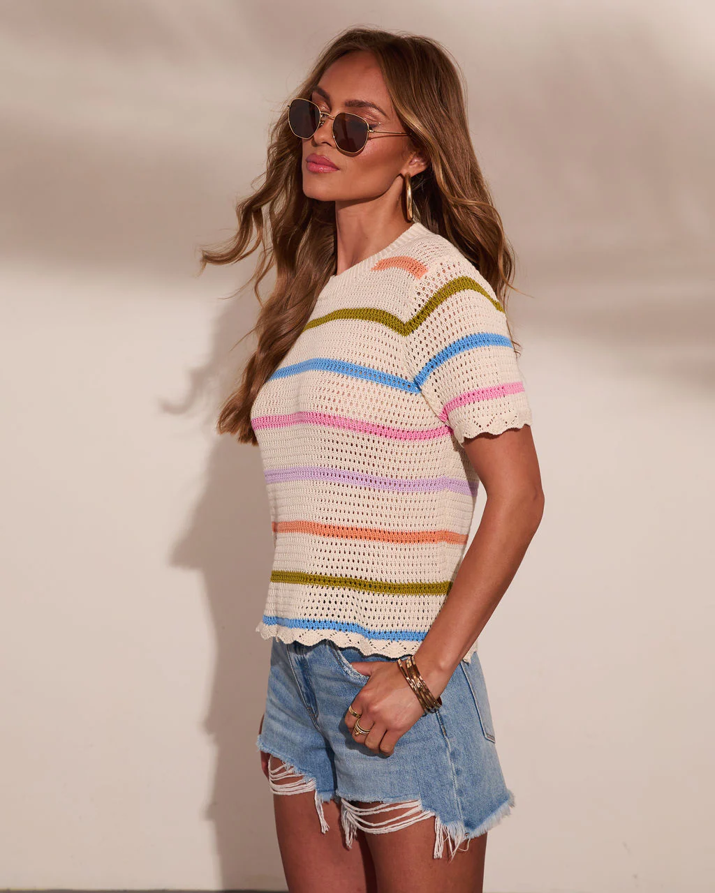 Arelle Striped Open Knit Short Sleeve Top - Image 3