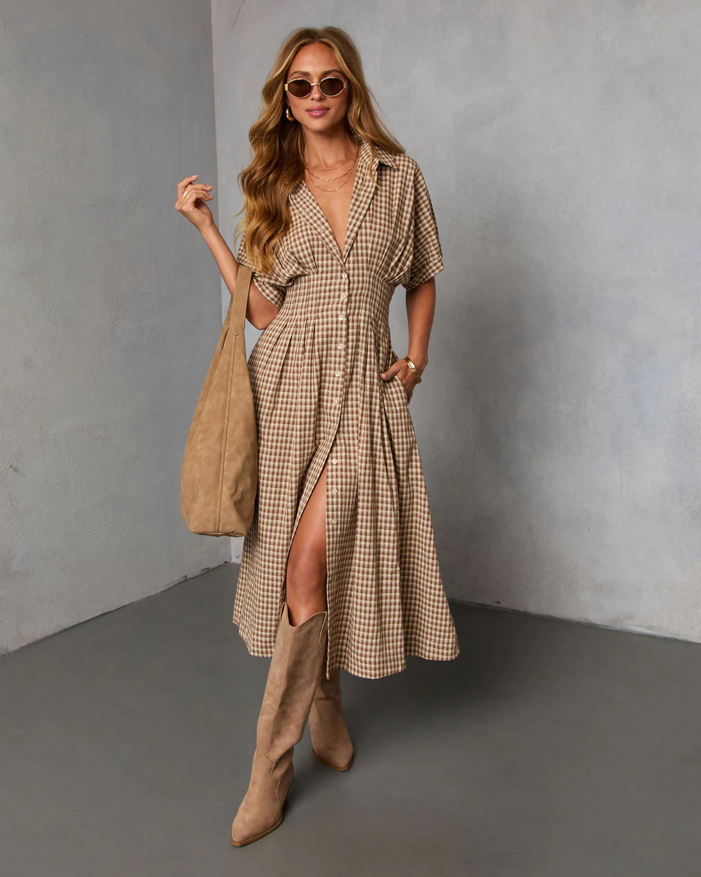 Backroad Blues Gingham Midi Shirt Dress