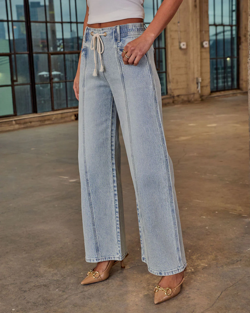 Berner Stretch High Rise Wide Leg Drawstring Pintuck Jeans - Image 3