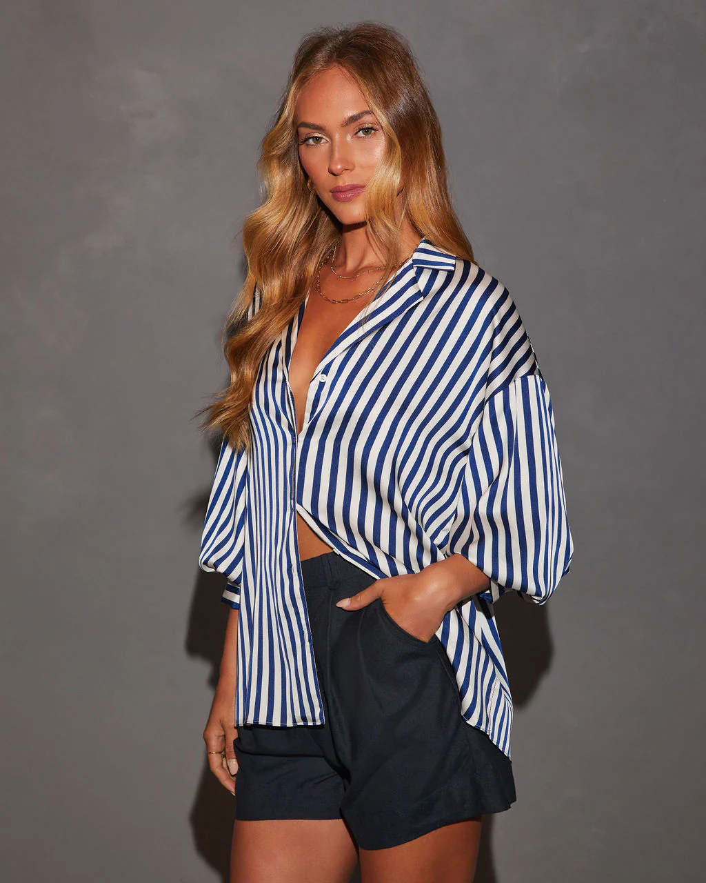 Blake Striped Blousson Sleeve Collared Satin Shirt - Image 4