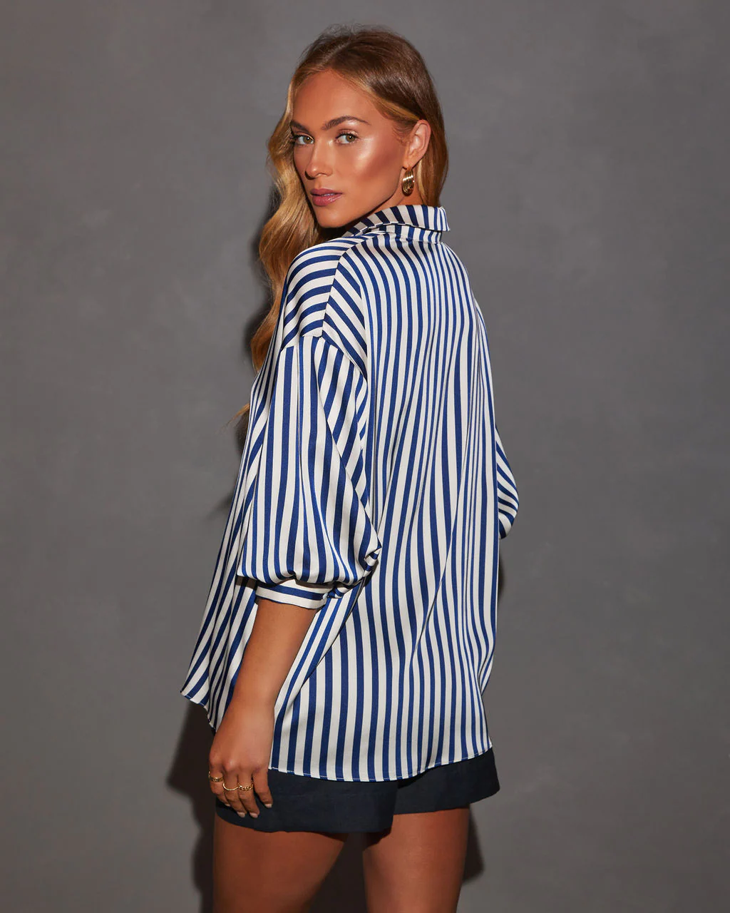 Blake Striped Blousson Sleeve Collared Satin Shirt - Image 6