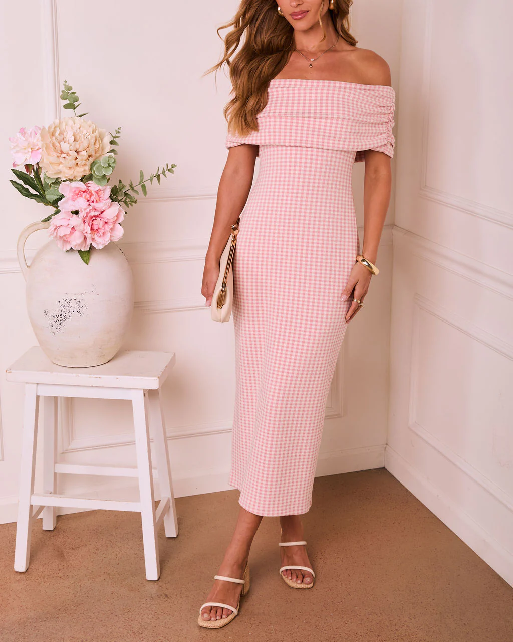 Brendah Knit Off The Shoulder Gingham Print Midi Dress - Image 5