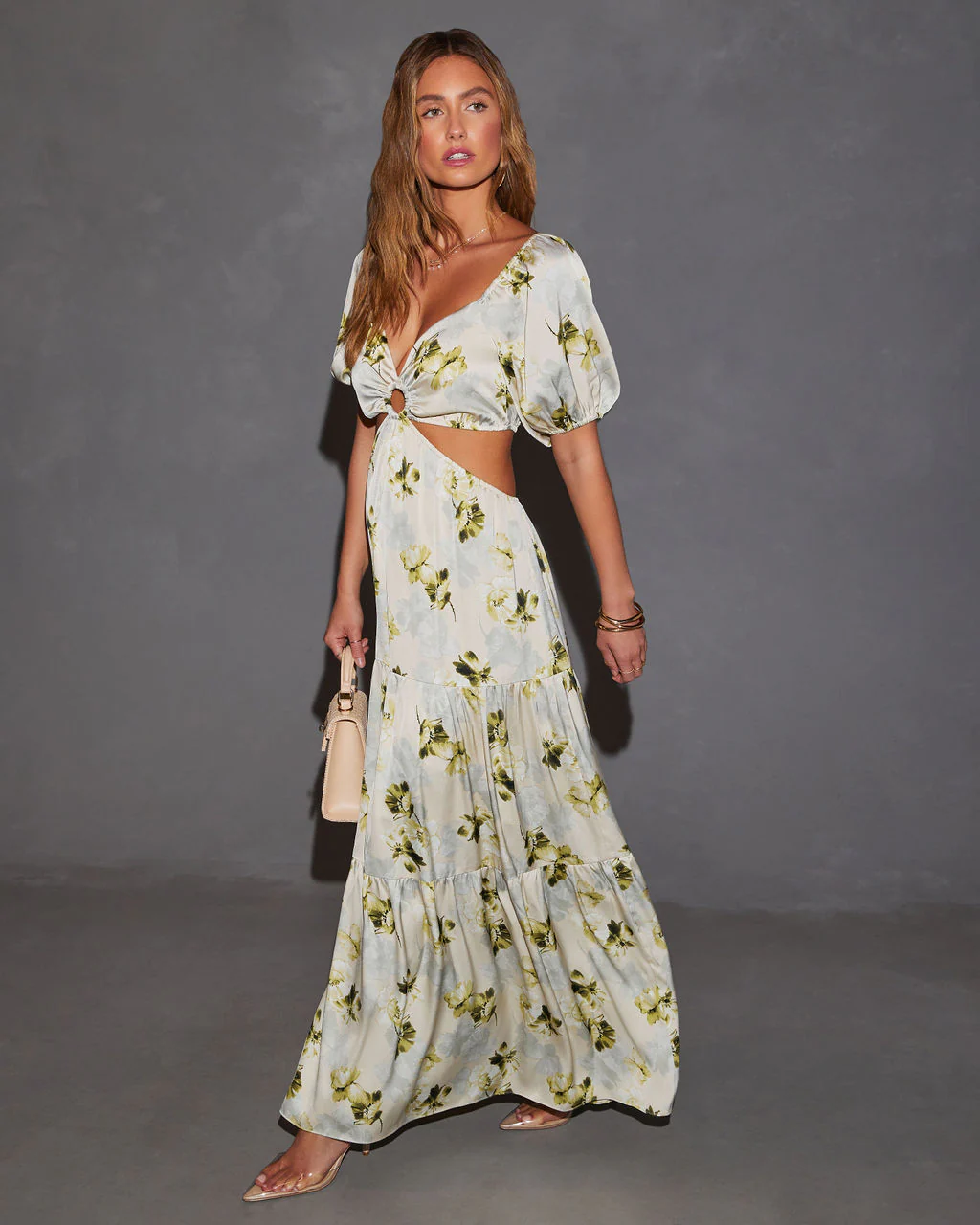 Cambria Satin Floral Puff Sleeve Maxi Dress - Image 10