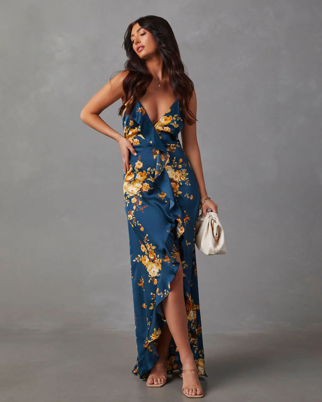 Capriccio Satin Floral Ruffle Maxi Dress - Image 25