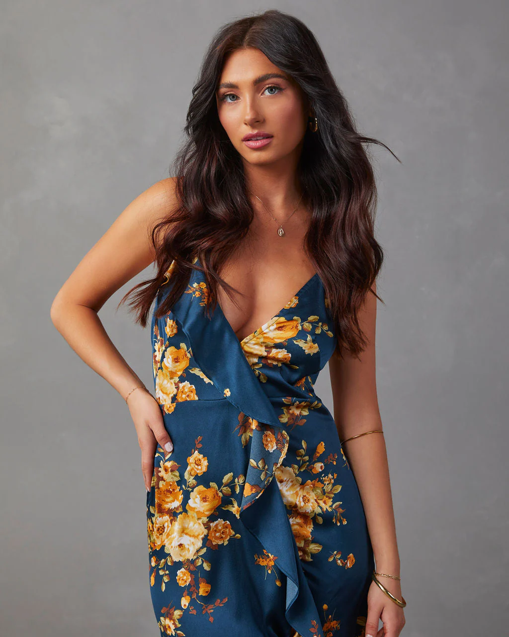 Capriccio Satin Floral Ruffle Maxi Dress - Image 26