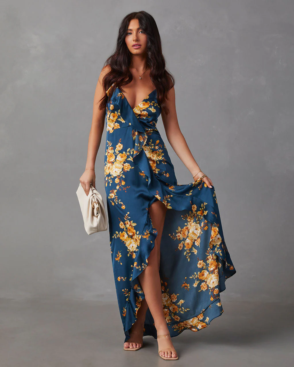 Capriccio Satin Floral Ruffle Maxi Dress - Image 29
