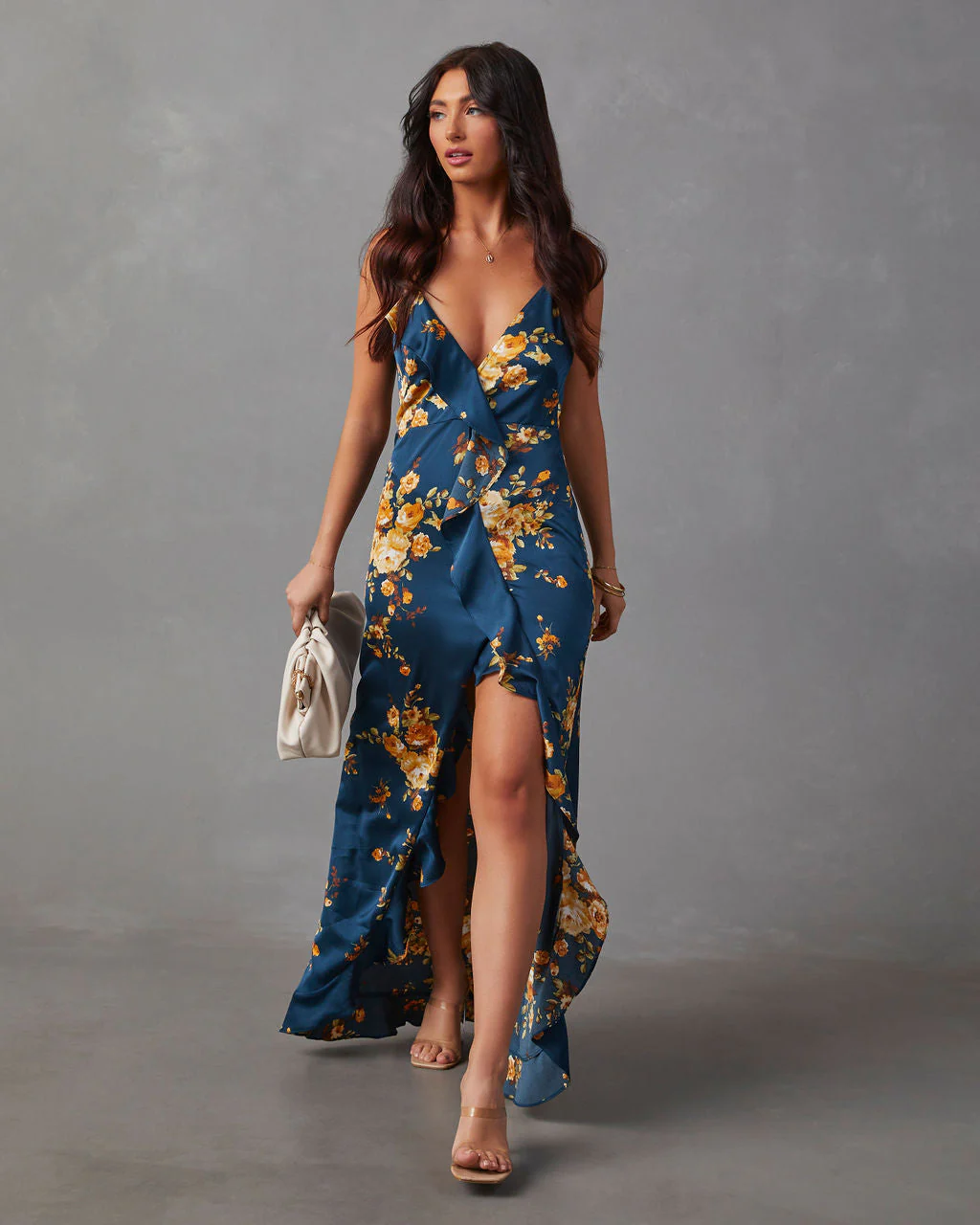 Capriccio Satin Floral Ruffle Maxi Dress - Image 30