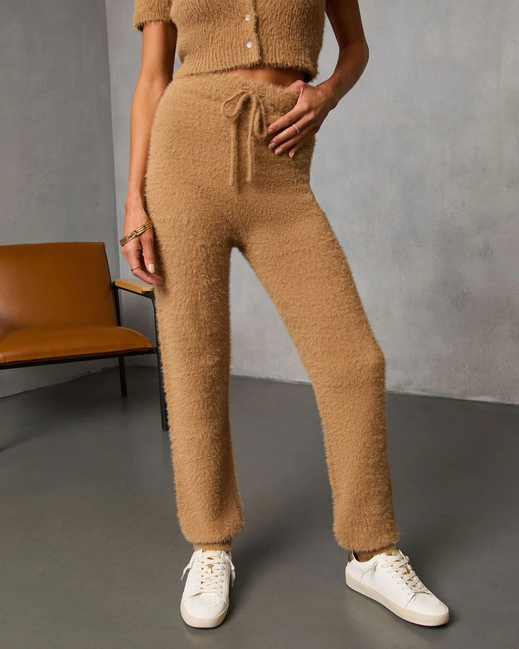 Chai Fall Fuzzy Knit High Rise Waist Tie Pants - Image 2