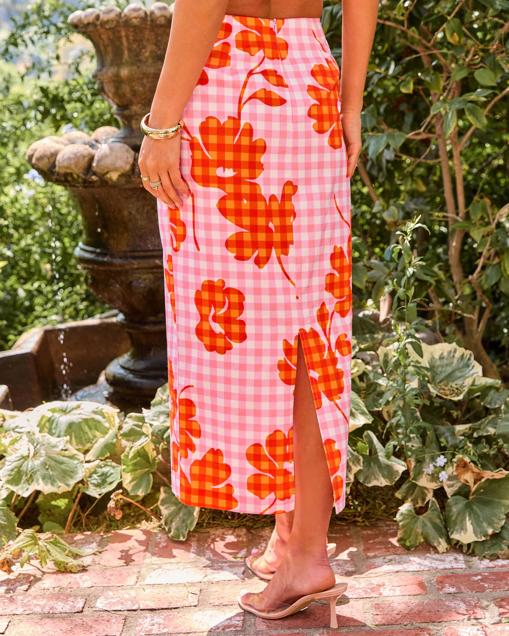 Checked Romance Floral Gingham Print Midi Skirt - Image 4