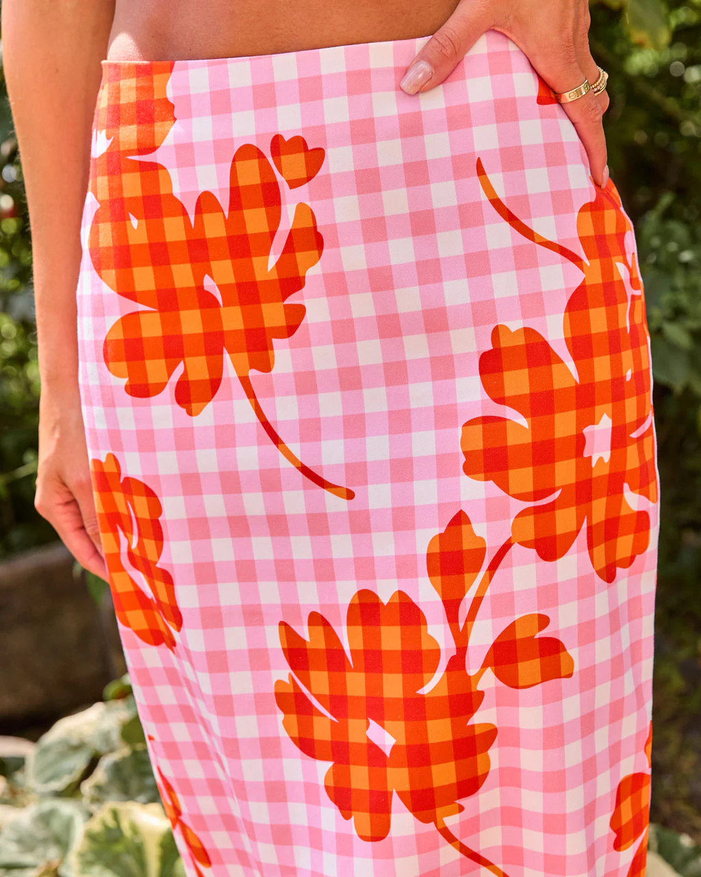 Checked Romance Floral Gingham Print Midi Skirt - Image 6