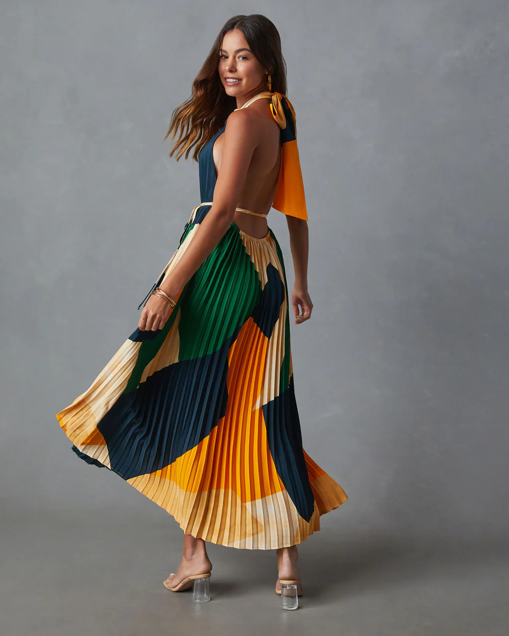 Cheyenne Abstract Pleated Halter Midi Dress - Image 12