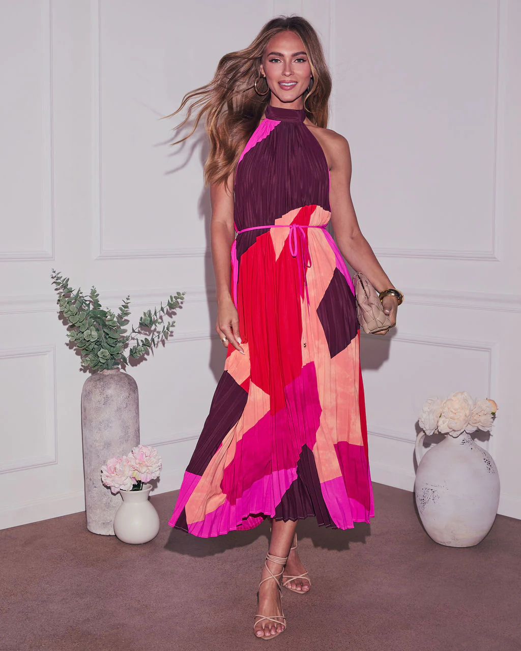 Cheyenne Abstract Pleated Halter Midi Dress - Image 6