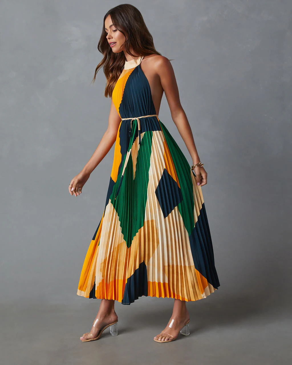 Cheyenne Abstract Pleated Halter Midi Dress - Image 9