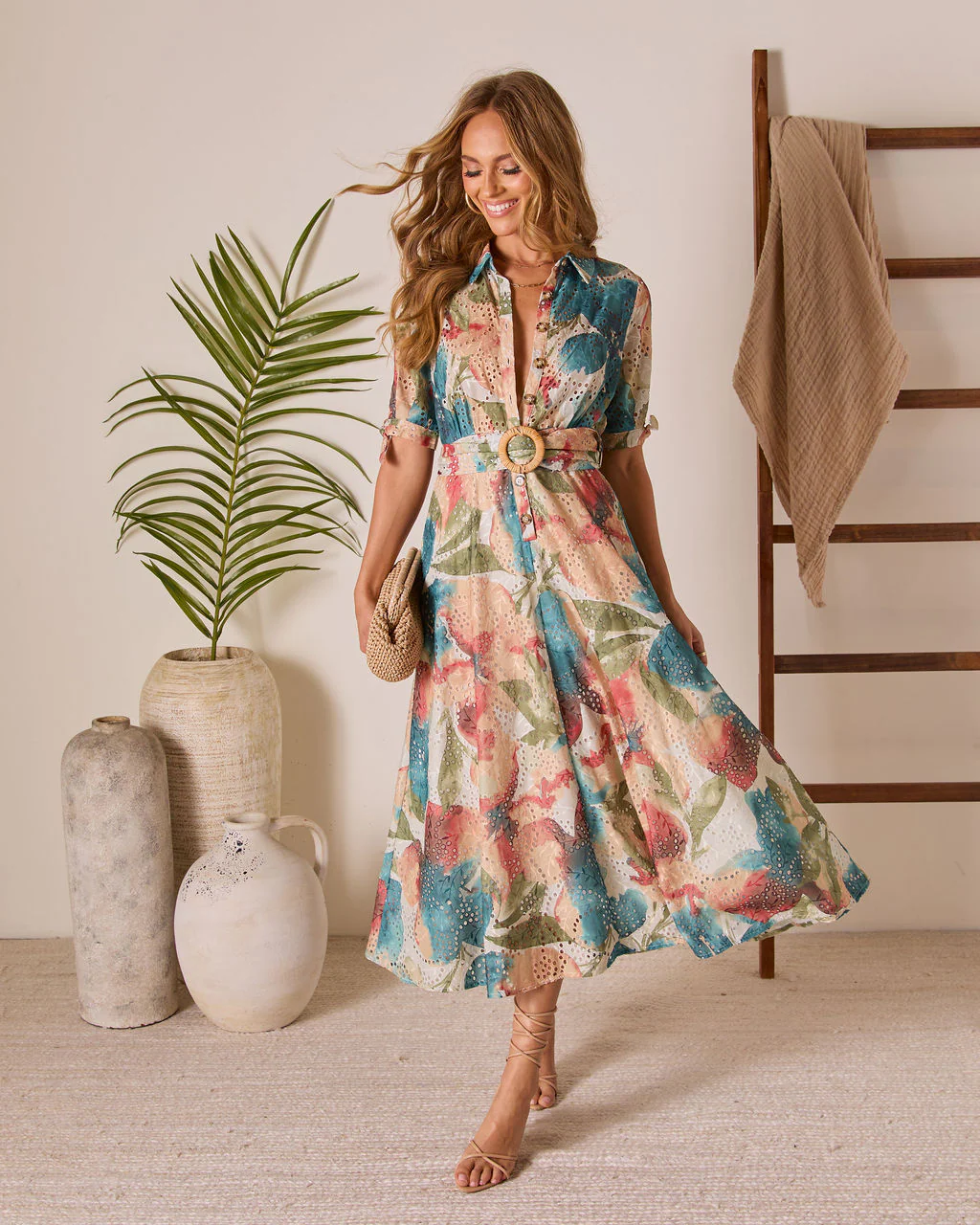 Citrus Splash Belted Eyelet Midi Dress - Image 6