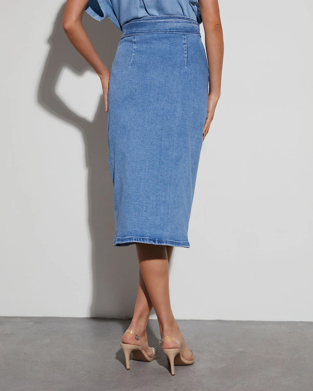 Class Act Denim Wrap Midi Skirt - Image 10