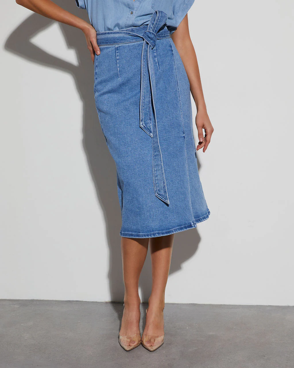 Class Act Denim Wrap Midi Skirt - Image 7