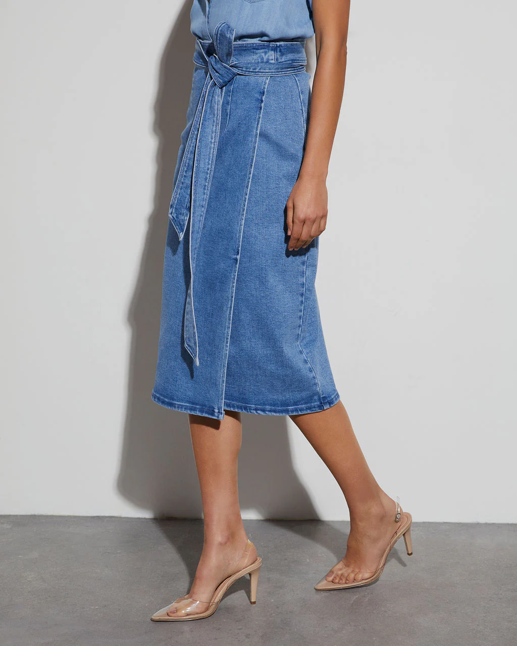 Class Act Denim Wrap Midi Skirt - Image 9