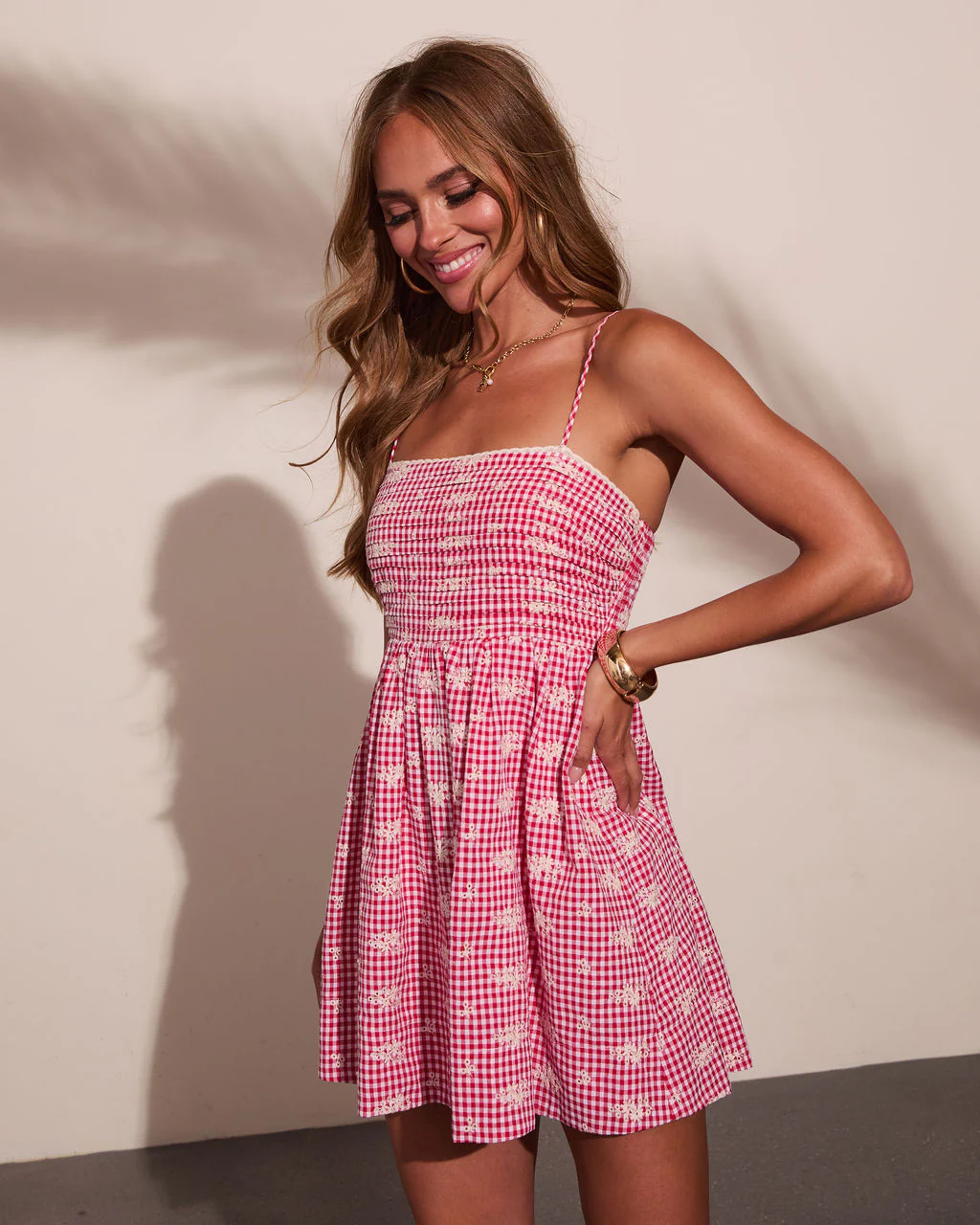 Coastal Air Eyelet Gingham Print Mini Dress - Image 3