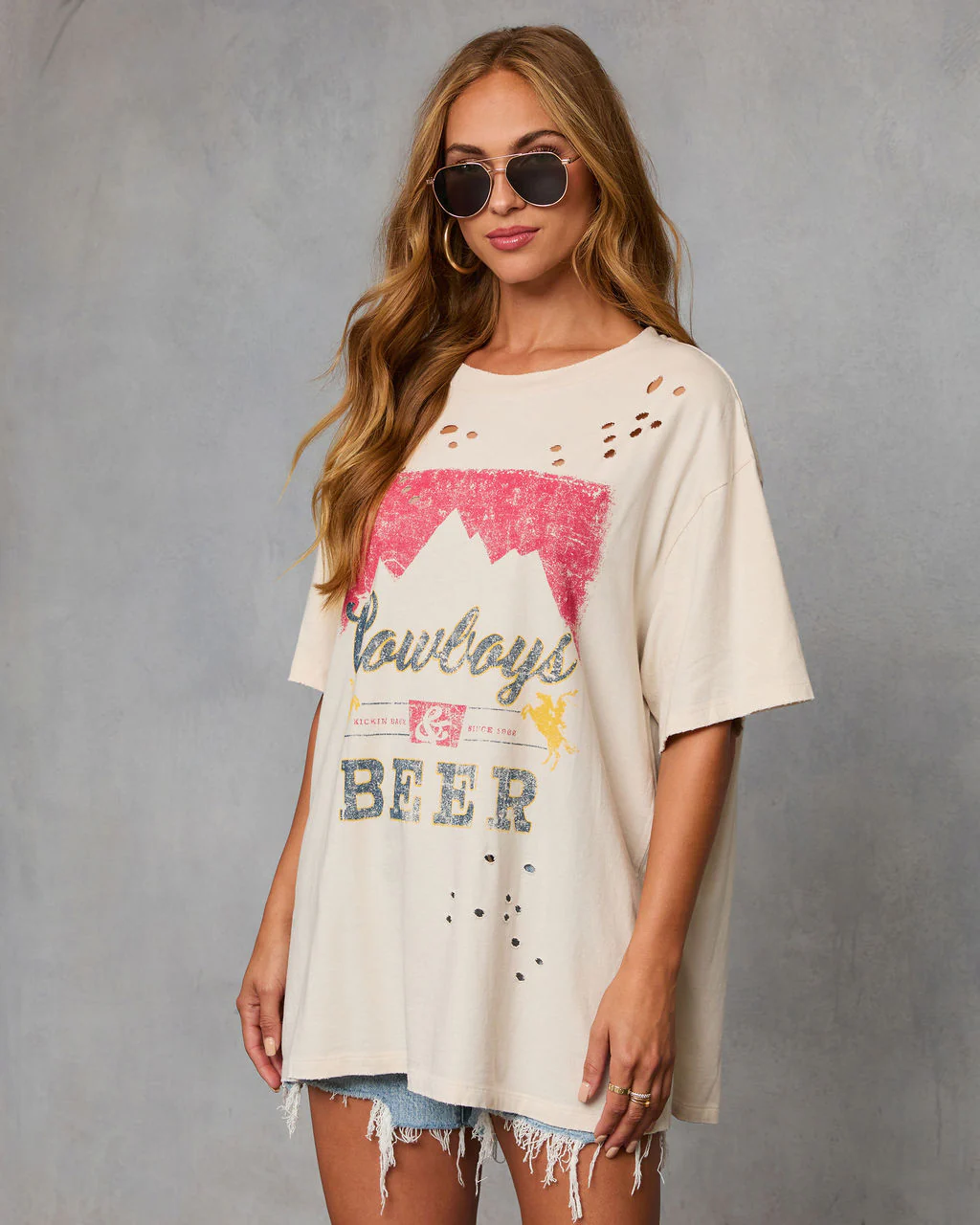 Cowboys and Beer Distressed Oversized Graphic Tee - Image 3