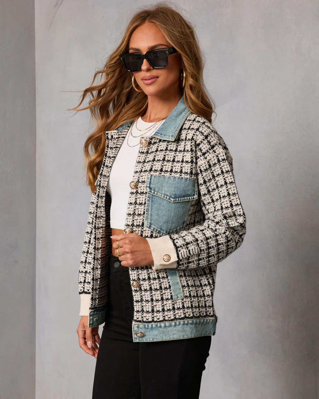 Cozy Together Tweed Denim Panel Button Up Coat - Image 3