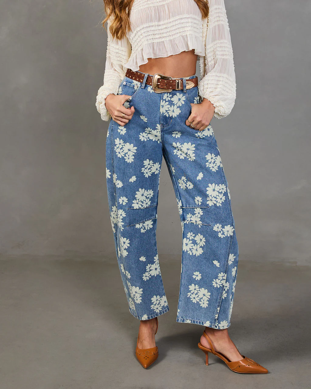 Daisy Ridge Rigid Barrel Leg Mid Rise Floral Jeans - Image 2