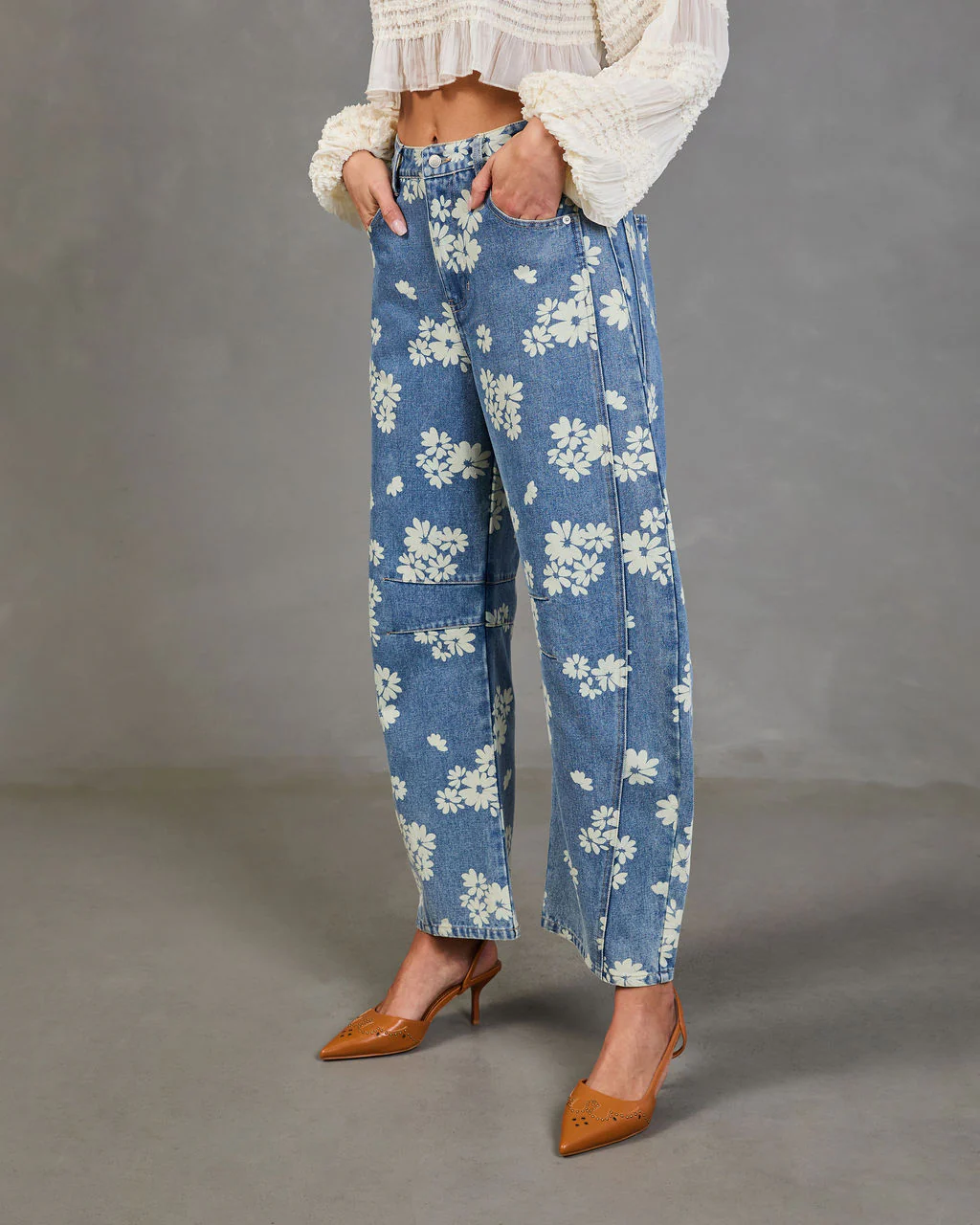 Daisy Ridge Rigid Barrel Leg Mid Rise Floral Jeans - Image 3
