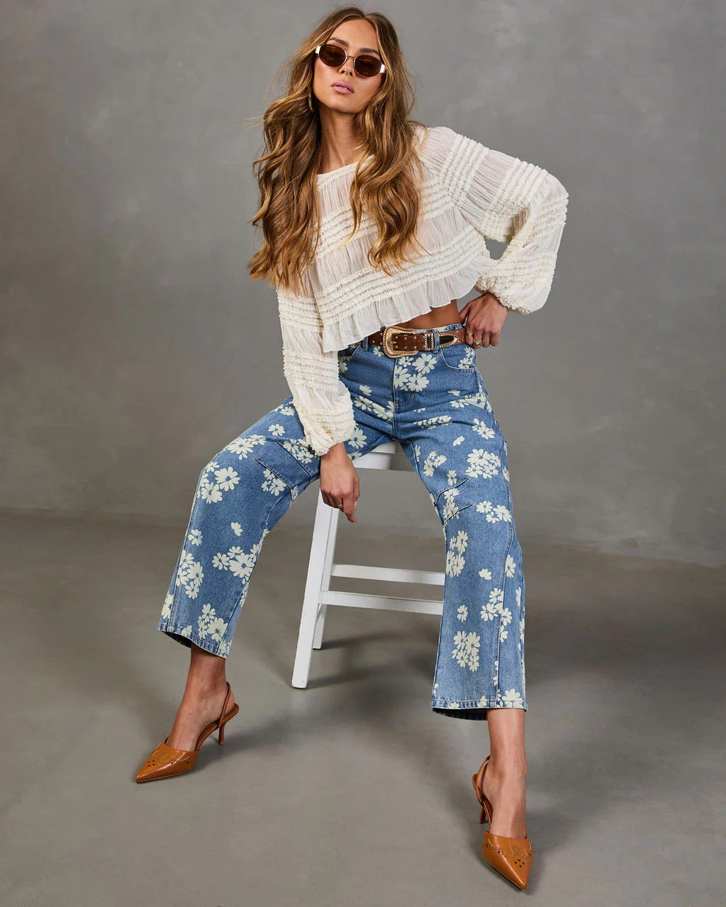 Daisy Ridge Rigid Barrel Leg Mid Rise Floral Jeans - Image 5