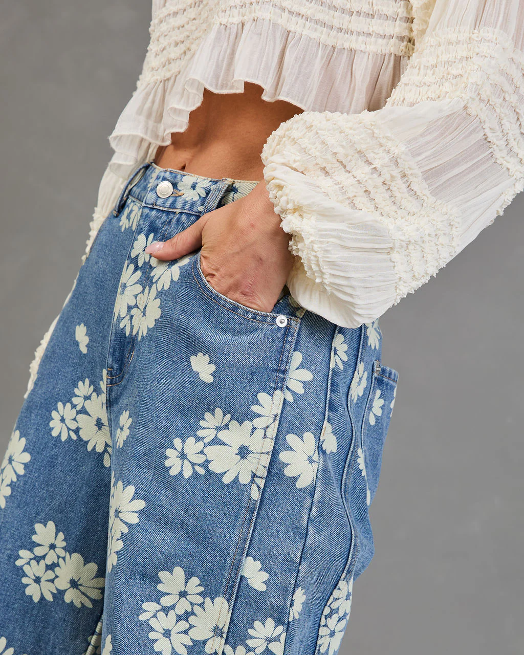 Daisy Ridge Rigid Barrel Leg Mid Rise Floral Jeans - Image 6