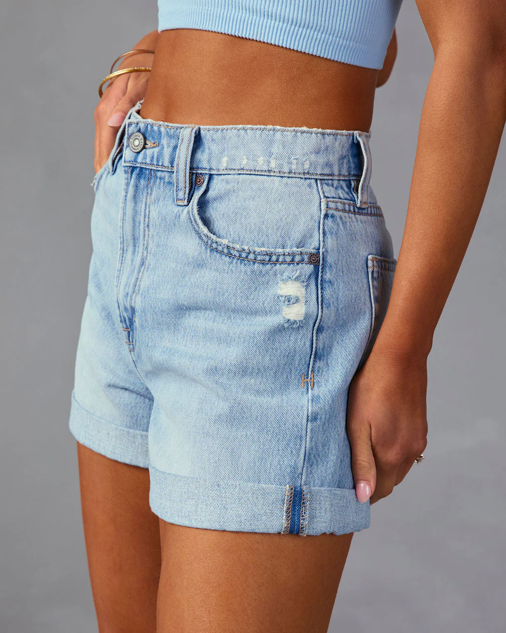 Danni Cuffed Distressed High Rise Denim Shorts - Image 4