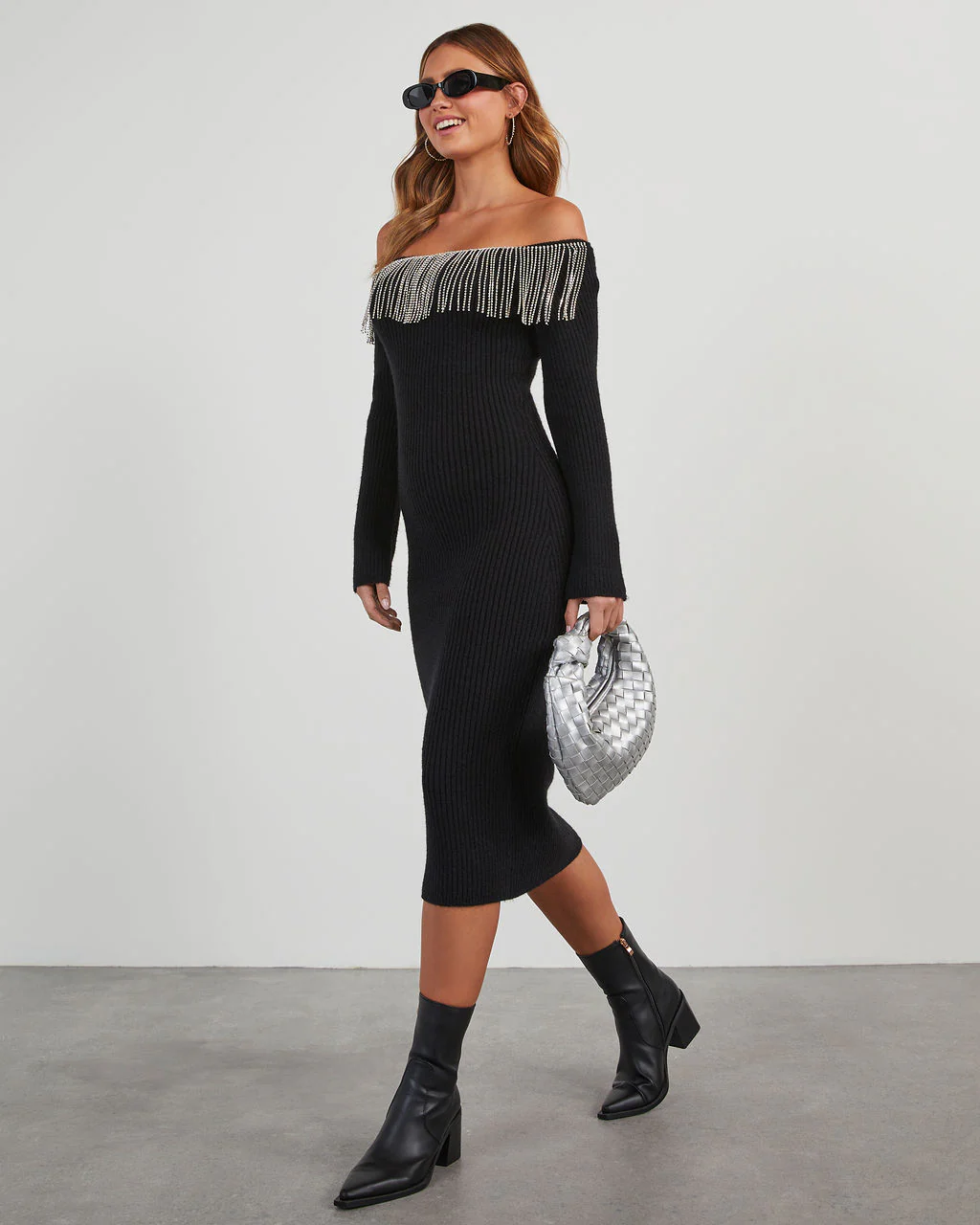 Dante Off The Shoulder Rhinestone Fringe Midi Dress - Image 6