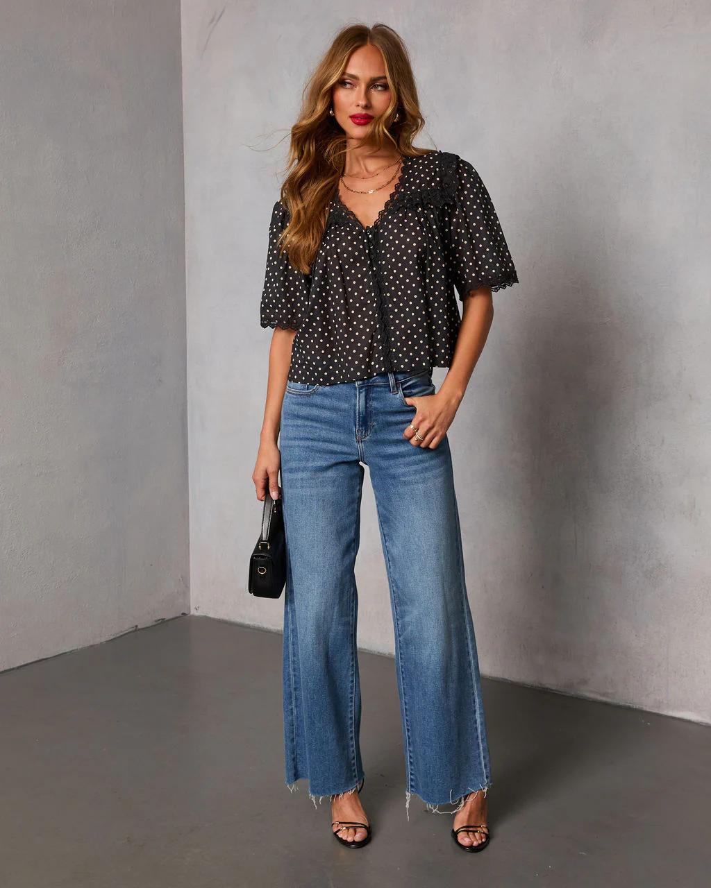 Darling Spark Polka Dot Lace Trim Blouse - Image 2