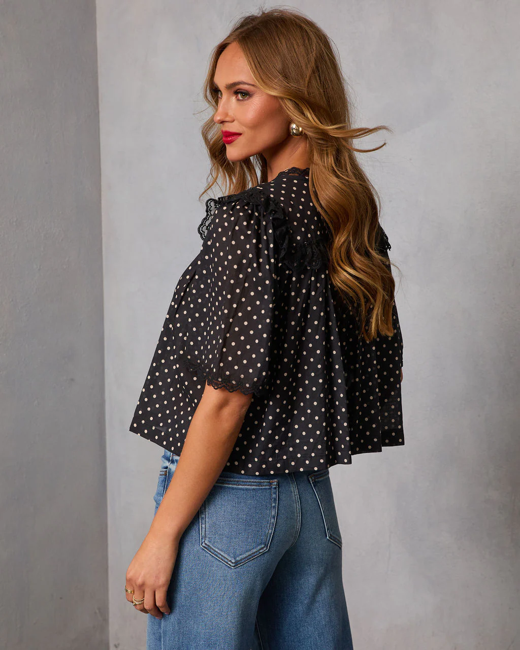 Darling Spark Polka Dot Lace Trim Blouse - Image 4