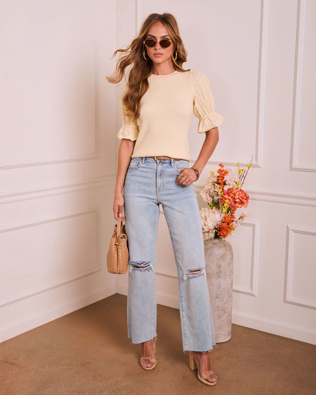 Daytime Standard Knit Floral Puff Sleeve Top - Image 2