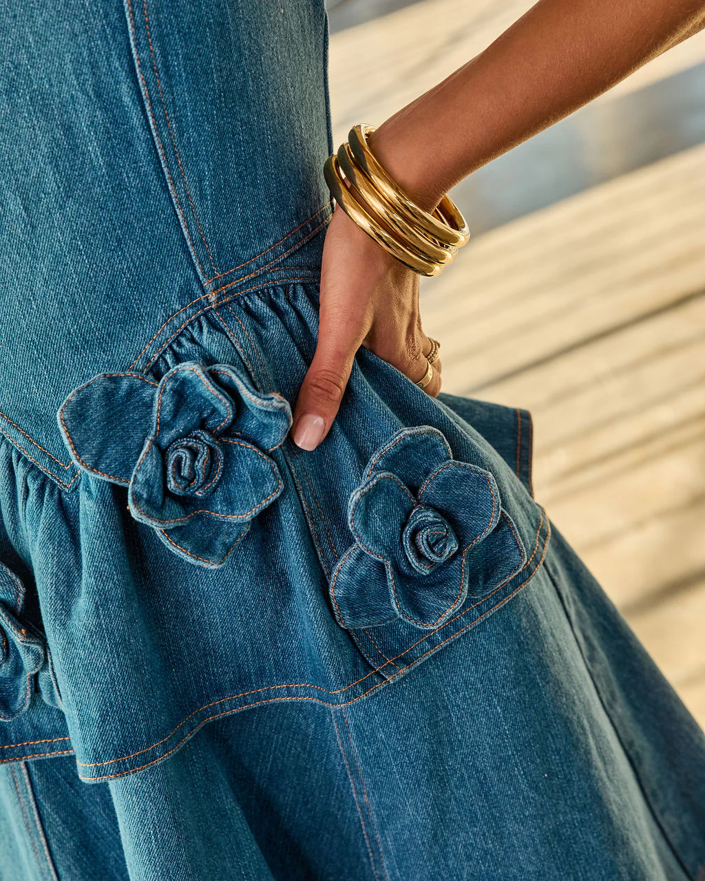 Denim Rose Peplum Rosette Mini Denim Dress - Image 6