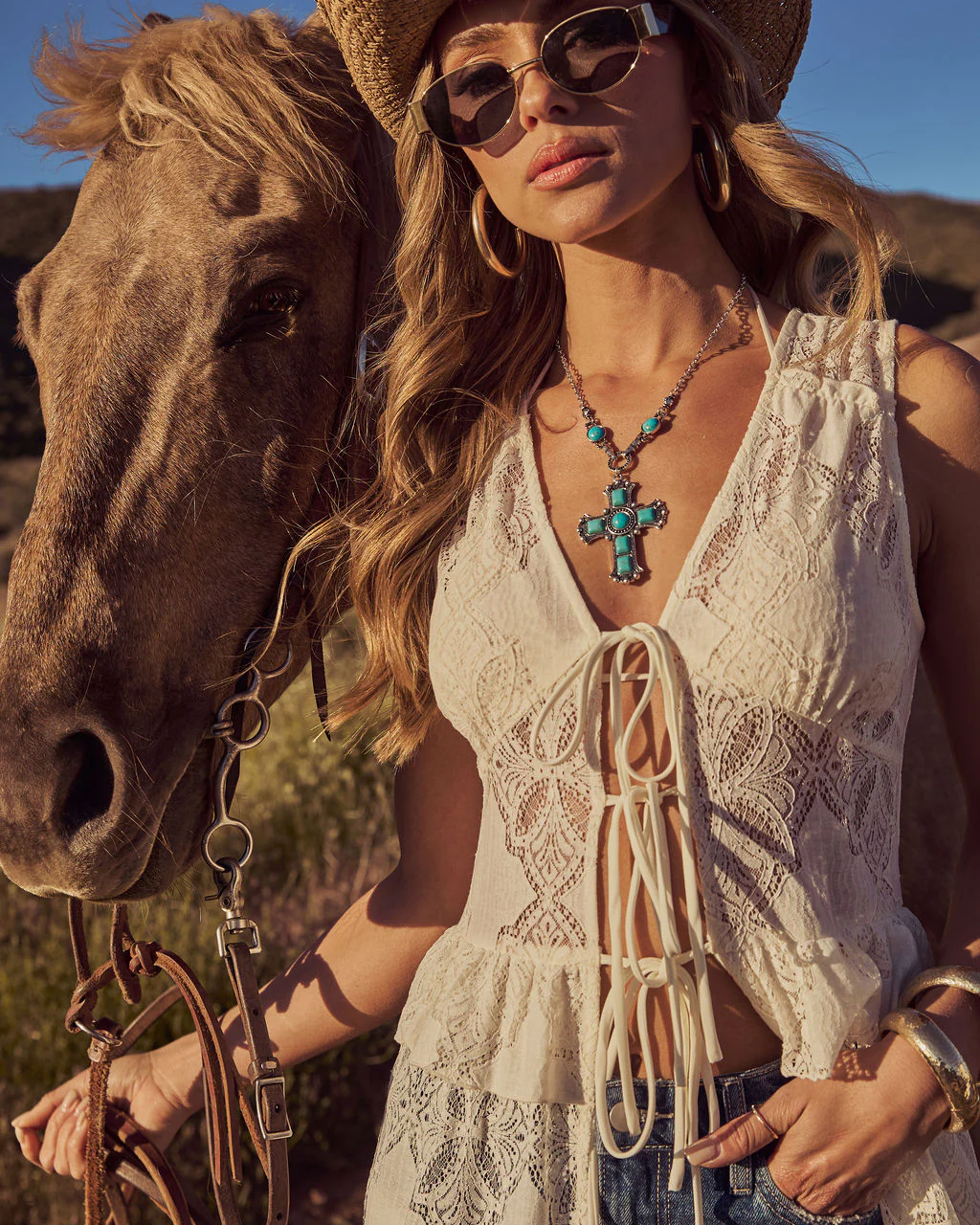 Desert Honey Ruffle Lace Front Tie Top - Image 6