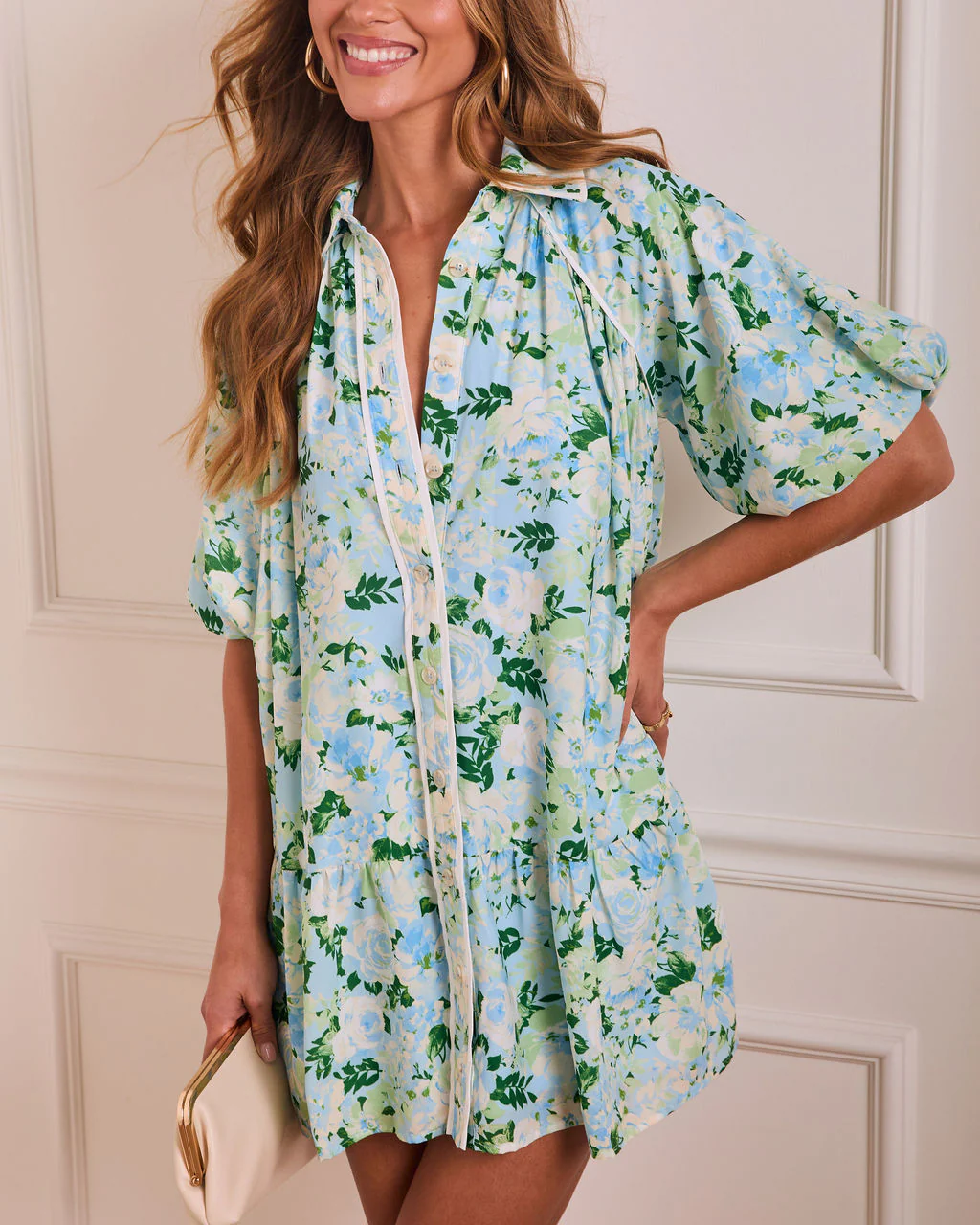 Dew Petal Printed Pleated Mini Shirt Dress - Image 5