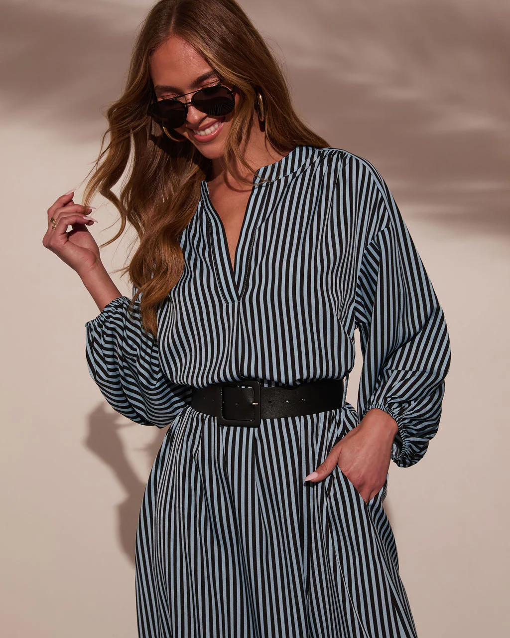 Dimarco Striped Pocketed Belted Midi Dress - Image 14