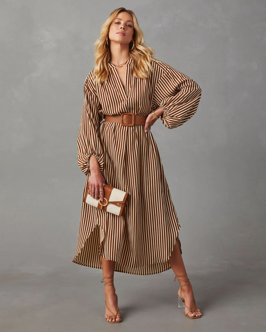 Dimarco Striped Pocketed Belted Midi Dress - Image 7