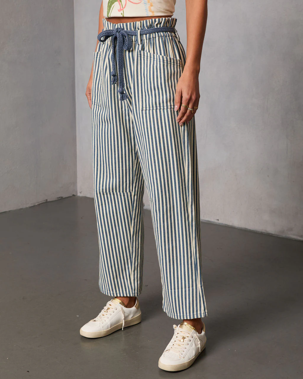 Duah Rigid Straight Leg Pinstripe Waist Tie Jeans - Image 3