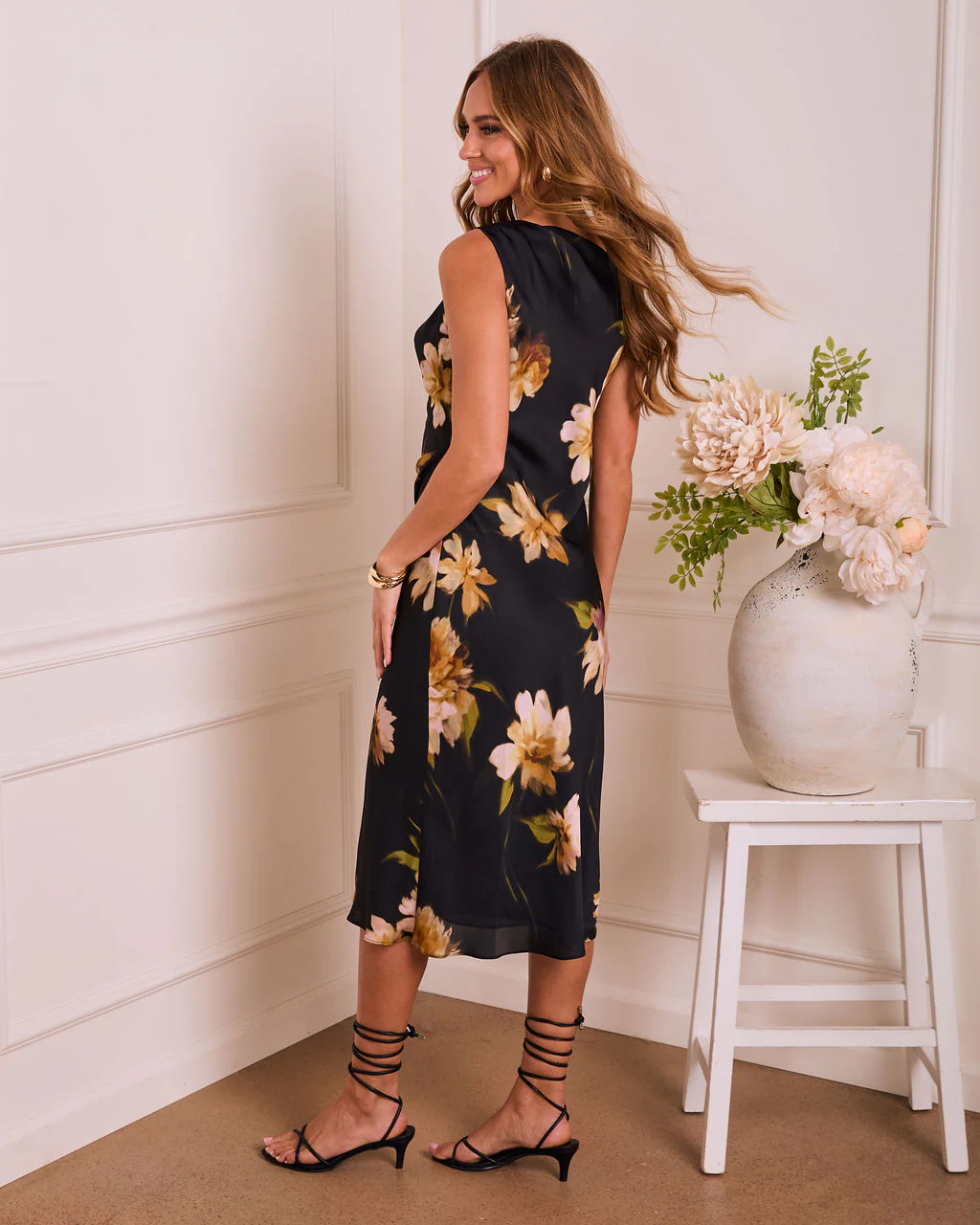 Dusky Blossom Cowl Floral Satin Midi Dress - Image 4