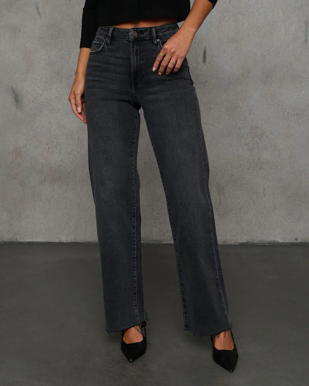Dusky Charm Stretch High Rise Straight Leg Raw Hem Jeans - Image 3